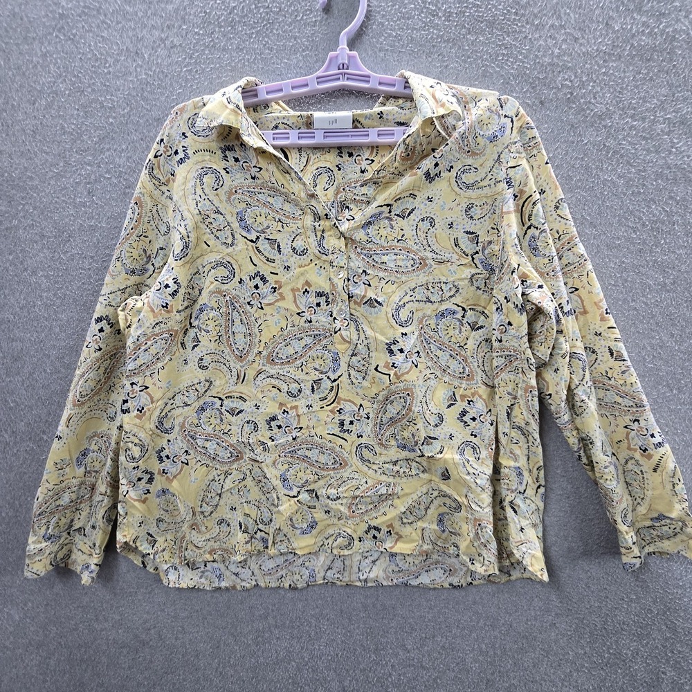 J Jill Women Blouse L PETITE Yellow Paisley Button V-Neck Front